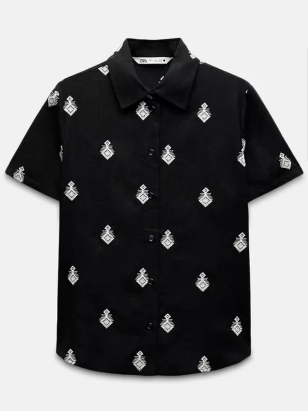 Zara linen blend Black Short-Sleeve Button-Down shirt with Geometric Embroidery